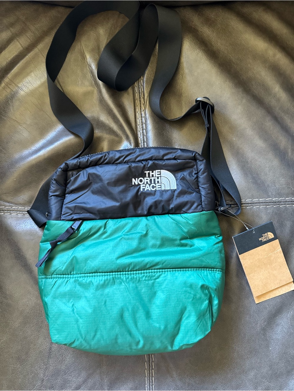 The North Face Nuptse Evergreen and Black Puffer Crossbody Bag
